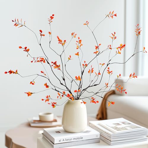 Ttranewsoo Fall Stems Artificial Ficus Branches, Faux Eucalyptus Stems Fall Decor, Fake Leaves Fall Decorations for Home, Autumn Table Decor Fall Branches for Vase 47.2 Inch,Yellow, 4 Pcs - color: Orange4