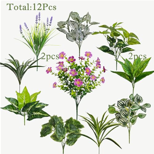 12 Pcs Artificial Plants for Outdoors Faux Greenery Leaves UV Resistant Realistic Plastic Large Bunches Shrubs Bushes with Flowers, Fake Plants Decor Outdoor for Front Porch Door Patio Garden Yard - color: Green Plants With Flowers, size: 12 Pcs