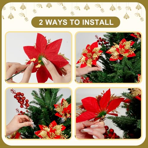 trytuny 50pcs Glitter Poinsettia Christmas Ornaments, Artificial Flowers with Clips Stems for DIY Wreath Making, Holiday Home Party Decorations, Indoor Use (Red) - color: Red