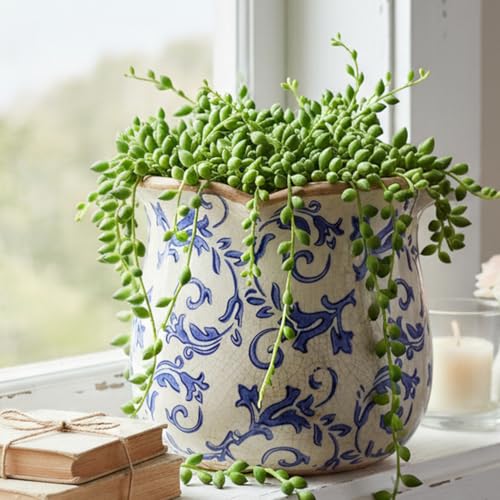 Retro Distressed Ceramic Flower Pots, Antique Crackle Glaze Planters with Drainage for Indoor Plants, Blue and White Chinoiserie Pottery Vase for Living Room Balcony Office Decor, Gardening Gifts - color: Blue Swirls