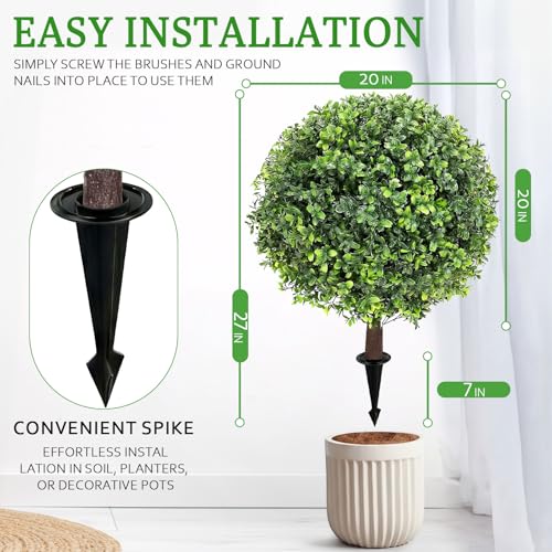 Artificial Boxwood Topiary Ball Trees with Spikes for Outdoor 27" Set of 2, UV Resistant Faux Greenery Shrubs, Realistic Fake Bushes Plants for Garden Yard Front Porch Patio Indoor Decor - color: Green Boxwood