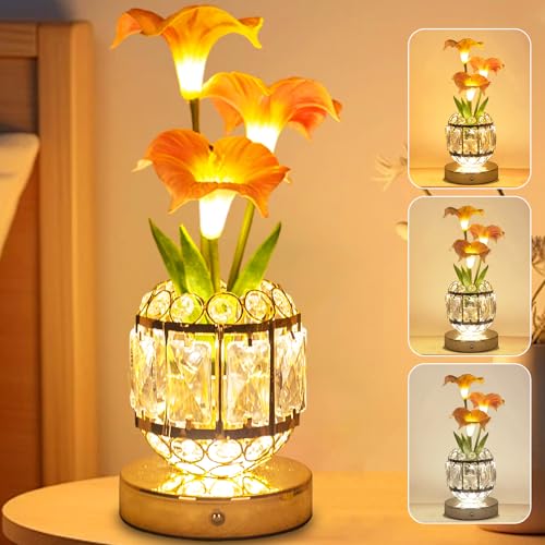 Flower Table Lamp, 3-Color Dimmable Artificial Flowers Night Light, Rechargeable Cordless Small Desk Lamp, Morning Glory with Crystal Vase for Party Date Home Decoration (Pink - Morning Glory) - color: Pink - Morning Glory