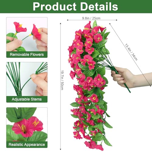 Artificial Hanging Flowers for Outdoors, 2 Pack UV Resistant Fake Flowers Rose Red Silk Morning Glory Faux Petunias Hanging Artificial Plants Trailing Vines for Home Porch Garden Planter Decor - color: Rose Red