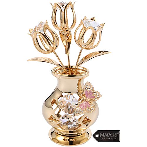 Matashi 24K Gold Plated Crystal Flower Figurine with Clear Crystals & Butterfly – Luxury Decorative Tulip Statue, Elegant Tabletop Home Décor, for Mother's Day, Valentine's Day, Christmas - color: Clear Crystal