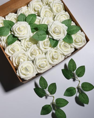 50pcs Artificial Flower，Real Touch Foam Roses w/Stem DIY for Wedding Bouquet Centerpieces Party Shower Home Decor-Ivory - color: Ivory