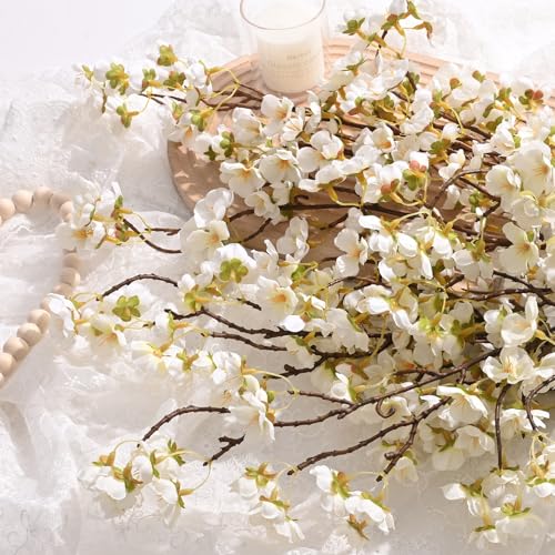 Waipfaru 4 Pcs Cherry Blossom Branches, 40'' Faux Cherry Blossom Tree Stems Decor, Long Stem Artificial Flowers for Tall Vase, Fake Flowers for Spring Home Indoor Outdoor Decoration (White) - color: Beige