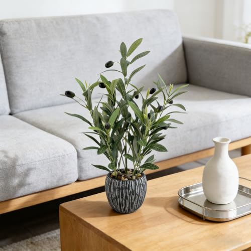 Olive Branches Artificial Plants Décor Indoor 17.72'' Tall Fake Olive Branch with Rustic Black Cement Planter for Vintage Room Bathroom Bedroom Kitchen Office Dese Coffee Table Décor - size: Olive 17.72inch