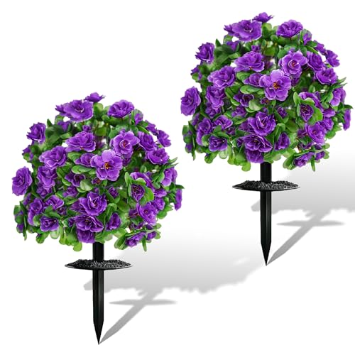Artificial Flowers for Outdoors, Faux Outdoor Plants Fake Plants Topiary Balls Artificial Outdoor Set of 2 with Ground Spike for Home Front Porch Patio Garden Decor (Purple) - color: Purple