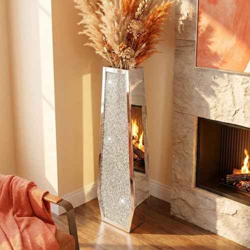 36" Extra Tall Double Sided Crushed Diamond Vases,Six Sided Three-Dimensional Diamond Vase,Extra Large Mirrored Silver Crystal Vase for Home,Office,Hotel(10.6" Lx5.37 W x 36" H) - size: Crushed Diamond:10.6''L X 5.37''W X 36''H