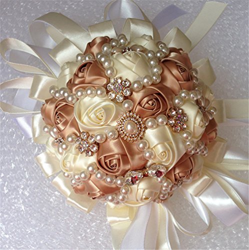 USIX Handcraft Popular Satin Rose Rhinestone Brooch Flower Pearl Bridal Holding Wedding Bouquet Wedding Flower Arrangements Bridesmaid Bouquet(Champagne+Ivory) - color: Champagne+ivory