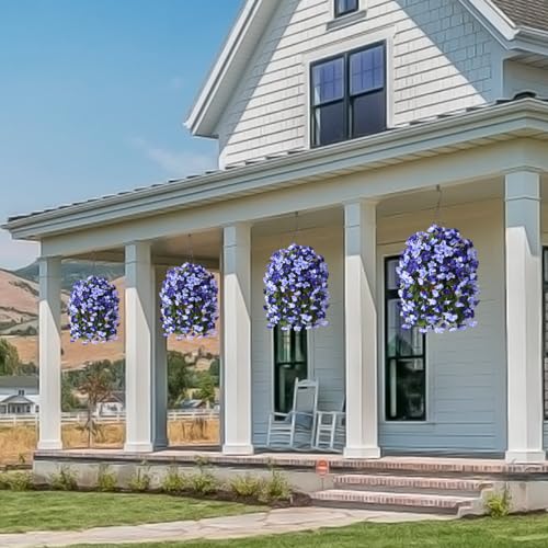 INQCMY Artificial Hanging Flowers Basket for Outdoors Spring Summer Decoration,Faux Silk Begonia in Planter Look Real UV Resistant for Outside Home Porch Patio Garden Balcony Yard Decor（Deep Blue） - color: Deep Blue