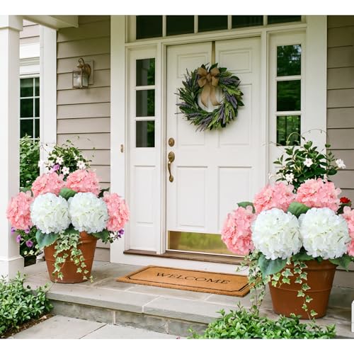 20" Silk Hydrangea Artificial Flowers 2Pcs White/ 4Pcs Pink Long Stems Real Looking Bouquet for Living Room Wreath Decor - color: White/Pink