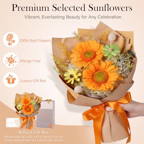 Forever Flowers for Delivery - Preserved Sunflowers Bouquet, Real Sunflowers That Last 3 Years, Eternal flowers Bouquet, Mothers Day Gifts for Mom Grandma Wife, Anniversary Birthday Gifts for Women - color: Orange