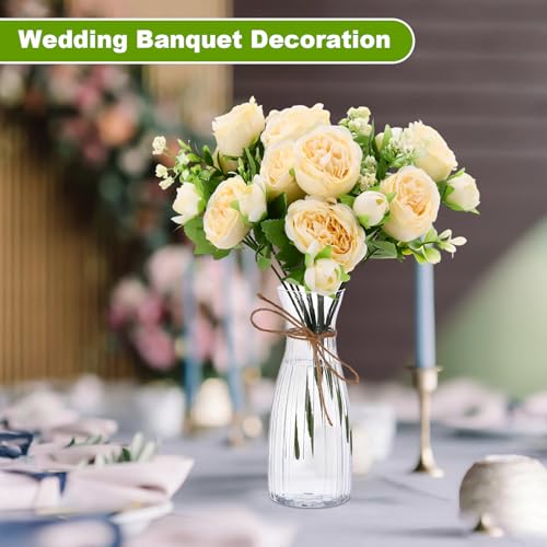 Thiccywoov 19 Pack Artificial Peony Flowers with Vase Bulk, 12 Bundles Faux Peony Bouquet 6 Vase with 1 Rope Silk Flower Arrangement Wedding Table Centerpiece for Wedding Bridal Shower(Champagne) - color: Champagne