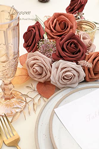 Floroom Artificial Flowers 25pcs Real Looking Terracotta Ombre Colors Foam Fake Roses with Stems for DIY Wedding Bouquets Bridal Shower Floral Centerpieces Party Tables Home Decorations - color: Shades of Terracotta