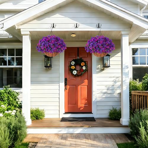 Artificial Hanging Flowers Plant with Basket for Outdoors Spring Decor, Fake Hanging Plants Faux Bougainvillea in Planter Look Real UV Resistant Silk Flowers for Outside Porch Patio Garden Home, Mix - color: Dark Purple + Fuchsia