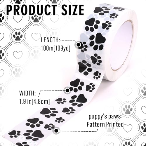 Whaline 109 Yard Dog Paw Packing Tape Waterproof Shipping Tape White Black Pet Paw Gift Wrapping Tapes for Small Business DIY Crafts Box Carton Decor - style: Black White Dog Paw