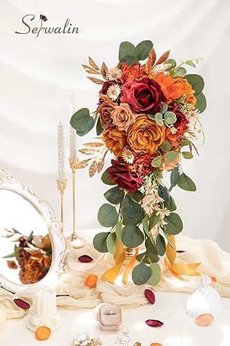Serwalin 9.8 Inch Wedding Bouquets for Bride Bridesmaid, Orange Burgundy Dahlia Bridal Bouquets for Bride, Wedding Flowers Bouquet, Wedding Ceremony and Anniversary Decor - color: Abundant Orange Burgundy