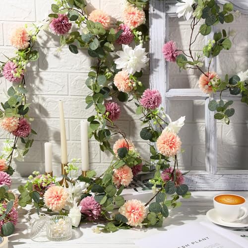 Giegxin 1 Pack 6 ft Artificial Flower Garland with Dahlias and Chrysanthemum Dusty Pink Summer Eucalyptus Greenery Garland for Wedding Porch Stair Table Centerpieces Baby Shower Birthday Decor - style: Chrysanthemum