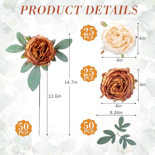 Zeyune 50pcs Artificial Peonies Flowers 4'' Fake Peonies DIY Craft Silk Flower Bulk for Home Wedding Bridal Bouquet Birthday Dining Room Table Centerpieces Backdrop Party Decor(Orange and Milky White) - color: Orange and Milky White