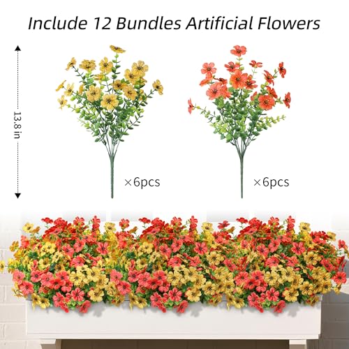 Ivydale Fall Flowers Artificial for Decoration Outdoors Fake Mums 12 Bundles Faux Planters UV Resistant Look Real for Autumn Home Porch Patio Garden Yard, Orange Yellow - color: Orange Yellow(green Leaves)