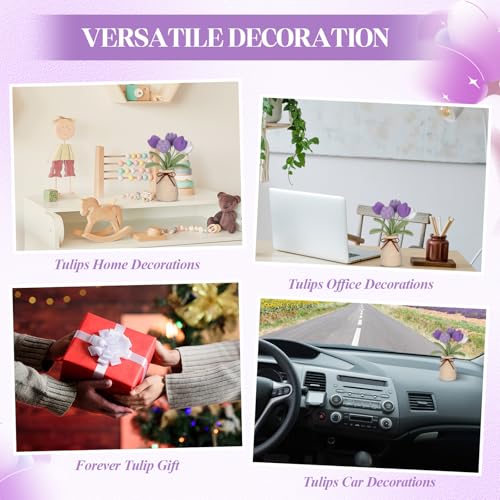 Marsui Crochet Knitting Tulip Bouquet with Vase 7" Knitted Artificial Forever Tulip Handmade Woven Flower with Exquisite Pot Gift for Father's Gifts Back to School Gift Family Home Desk Decor(Purple) - color: Purple, style: Tulip