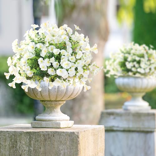 Artificial Flowers for Outdoors 12 Bundles Realistic Faux Plants UV Resistant Fake Silk Morning Glory with Eucalyptus for Front Door Planter Patio Porch Outside Spring Summer Decoration (White) - color: White