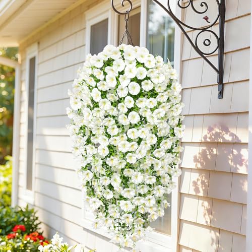 TOCHGREEN Artificial Fake Hanging Flowers Plants for Outdoor Decoration 2PCS Faux Silk Morning Glory Flowers UV Resistant Hanging Plants for Home Porch Patio Garden Decor (4PCS, White) - color: White, size: 4PCS