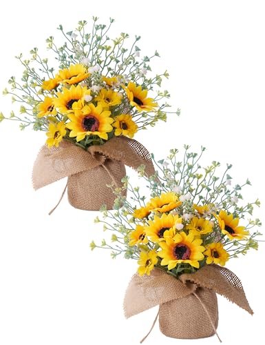 Sunflower Kitchen Decor, Centerpieces for Tables, 2 Pcs Sunflower Table Decorations for Home, Fake Artificial Sunflowers in Burlap Bag Vase, Brighten Your Home Indoor Outdoor Decorations - style: 2 Pcs