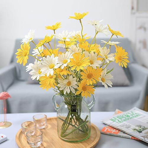 NatureMan Artificial Flowers 12 Bundles Artificial Silk Daisy UV Resistant Outdoor Fake Wildflowers with Stems Daisy Arrangements for Home Hotel Office Garden Decoration (White, Yellow) - color: White, Yellow