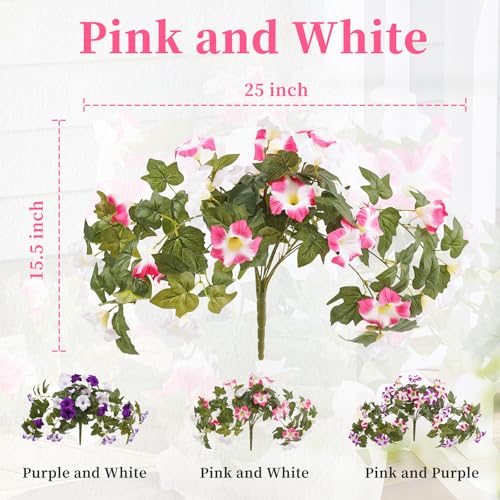 Artificial Fake Petunia Flowers Plants for Outdoor Decoration, Faux Realistic Floral Plants, UV-resistant realistic flower bouquet, Ideal for Garden, Porch, Balcony, Home, Wedding Party Decor（2pcs） - color: Pink White