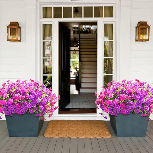 Artificial Flowers for Outdoors, 26 Bundles Fake Outdoor Flowers, UV Resistant Artificial Outdoor Plants & Flowers for Decoration, Colorful Morning Glory for Garden Porch Yard Patio, Purple & Fuchsia - color: Purple & Fuchsia, size: 26 Bundles
