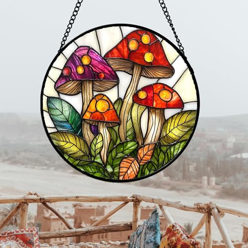 DASTOLL Stained Glass Window Hanging, Mushroom Leaves Suncatcher for Doors Home Sun Catchers Decoration and Christmas, Mother's Day Birthday Gifts for Women, Men, and Mom 14.9x14.9 in - color: Red and White, size: 14.9x14.9 IN