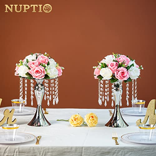 NUPTIO 10 Pcs Tabletop Metal Wedding Flower Vase, 10.2in/26cm Height Vases for Centerpieces Silver Crystal Flower Stand for Anniversary Ceremony Party Birthday Event Aisle Home Decoration - color: Silver, size: 10 x S