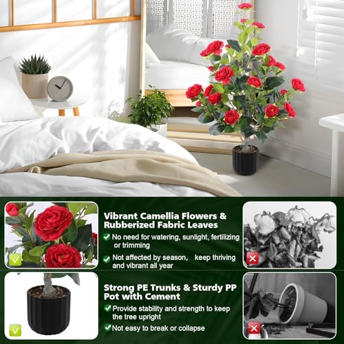 Hananona 2 Pcs Artificial Camellia Trees Faux Camellia Plant in Pot with Flowers Indoor Plants for Spring Home Decor Outdoor Porch Front Door Decor (Red, M) - color: Red