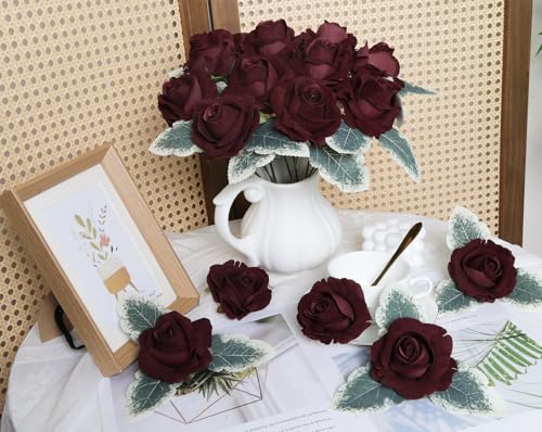 IPOPU 20pcs Burgundy Roses Artificial Velvet Flower Heads Realistic Faux Rose Flowers with Stems in Vase for Wedding Bouquets Bridal Shower Party Home Centerpieces Table Decor (Burgundy) - color: Burgundy