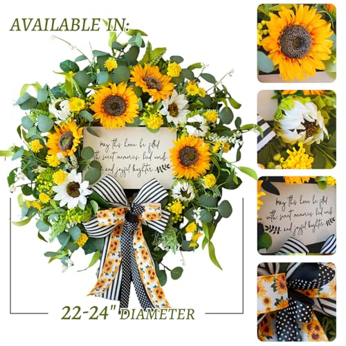 Spring Wreaths for Front Door 24 Inch Handmade Spring Summer Wreath with Artificial Sunflowers,Welcome Message Sign & Elegant Bow and White Yellow Daisy Wildflowers for Home,Porch&Gift Giving - color: Sunflower
