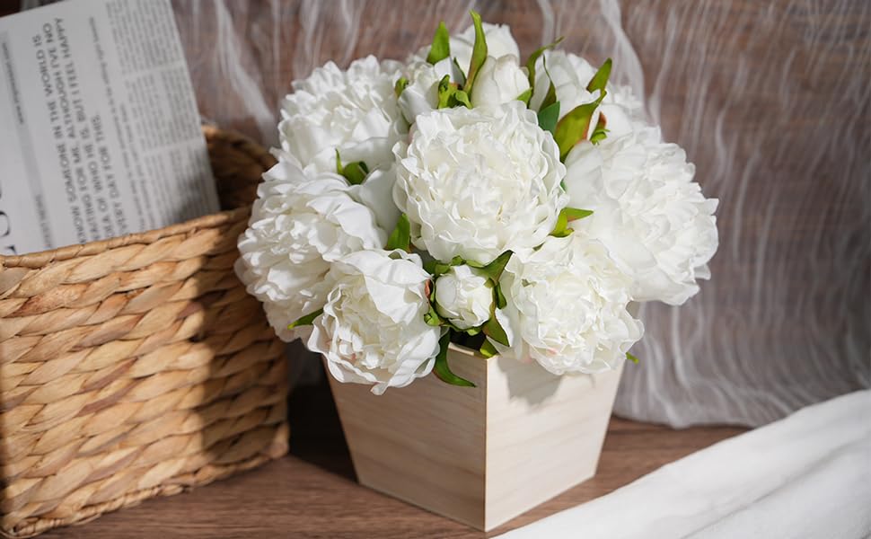 Artificial Hydrangea Flowers Arrangement in Wood Planter, 4PCS Fake Flowers in Wooden Vase Potted Floral Centerpieces for Tables Living Room Home Office Kitchen Decor (White Peony) - color: White Peony