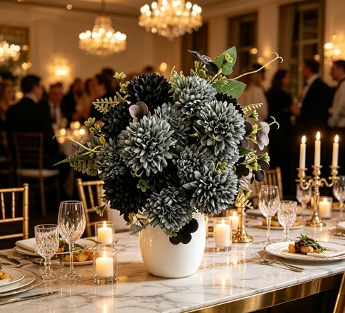 4 pcs Artificial Flowers Grey Black Fake Flowers Silk Artificial Chrysanthemum Ball Hydrangea Bridal Wedding Bouquet for Home Garden Party Decor - color: 4pcs-grey Black