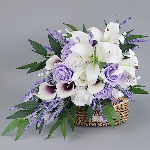 Emivery Bridal Bouquets for Wedding, Artificial Lavender Calla Lily Cascading Wedding Bouquet Real Touch Flowers for Wedding Ceremony Bridal Shower Home Decor