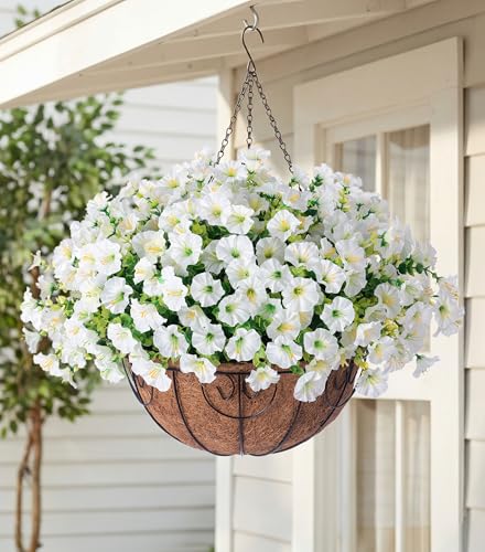 Artificial Fake Hanging Flowers Plants Baskets Spring Outdoor Decor, Outdoor Faux Silk White Morning Glory Eucalyptus in Planter UV Resistant Realistic for Outside Porch Patio Balcony Garden Yard Home - color: B White