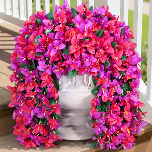 Lifewit Artificial Bougainvillea Flowers, 2 PCS Plastic Long Trailing Vines Fake Flowers for Outdoor Indoor Garden Porch Patio Balcony Decor, UV Resistant, Mix for Purple & Hot Pink - color: Purple & Hot Pink
