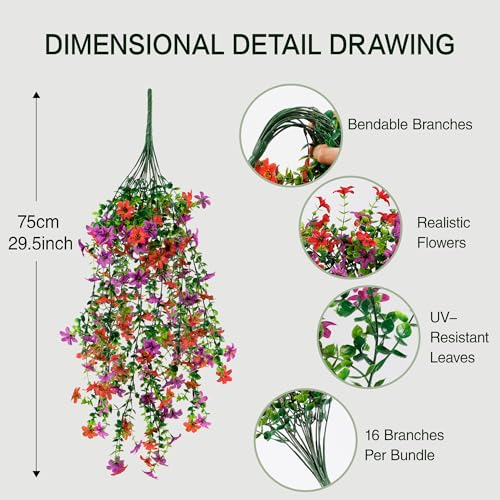 QCQHDU Artificial Hanging Flowers for Outdoors,2Pcs Fake Hanging Plants 29.5 Inch Long for Spring Summer Decoration,UV Resistant Faux Flowers for Patio Porch Garden Yard Balcony Decor, Purple Red - color: Purple Red