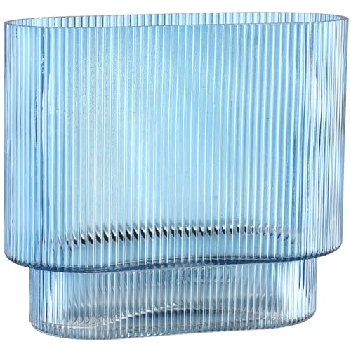 Ribbed Glass Vase, Blue Glass Vase, Fluted Short Vases for Flowers, Modern Vases for Living Room, Dining Room, Bathroom, Desk, Shelf, Wedding, Office, 7 Inches - color: Blue, size: Oval 7 Inches