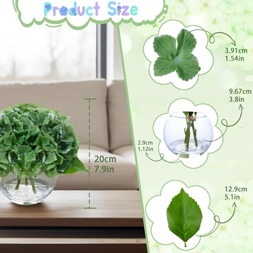 Deep Green Artificial Hydrangea Flowers in Glass Vase with Faux Water, 3 Stems Lifelike Fake Floral Arrangement, UV-Resistant Odorless Centerpieces for Dining Table Home Office Decor (7.9") - color: Deep Green Hydrangea