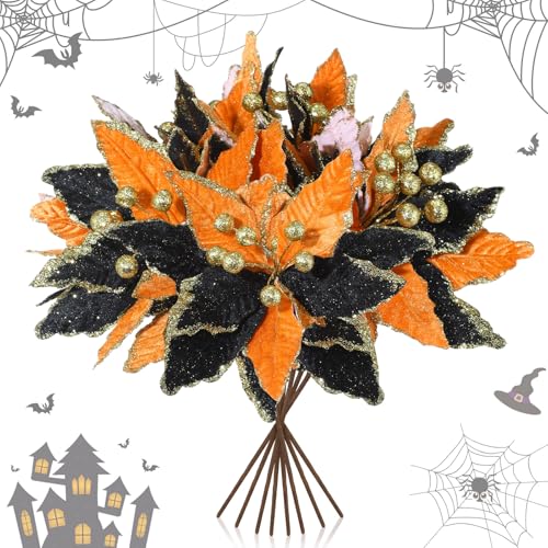 Giegxin 8 Pcs 8'' Halloween Black Orange Flowers Poinsettia Flowers Halloween Artificial Poinsettia Stems Velvet Black Orange Ornaments Fold Floral for Holiday Party Decorations - color: Black Orange