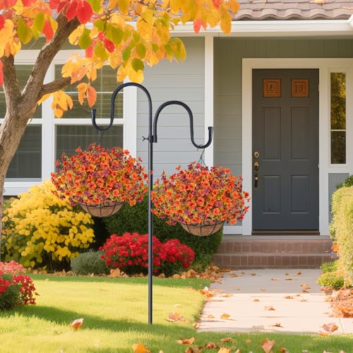 2 Pack Fall Artificial Hanging Flowers Baskets for Outdoors, UV Resistant Fake Fall Hanging Plants, Faux Orange Flowers for Autumn Patio Front Porch Balcony Decor (Orange Red) - color: Orange Red