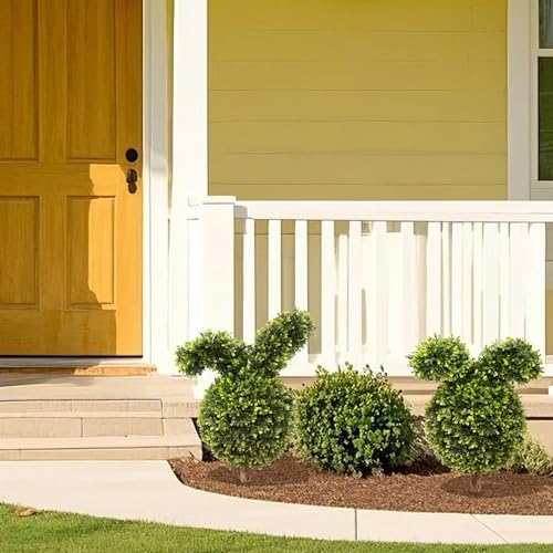 Damomo 27'' Artificial Bunny Shaped Topiary Trees with Ground Spike Set of 2, Outdoor Indoor Faux Boxwood Topiary Ball Bushes Potted Fake Shrubs Front Porch Decor Outside Garden - size: 27 inch