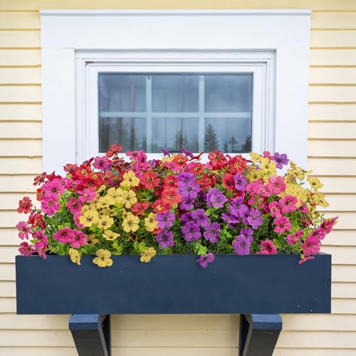 Bassion Artificial Flowers for Outdoors, 16 Bundles UV Resistant Fake Flowers Realistic Silk Faux Plants for Outdoor Planter Window Box Porch Patio Garden Home Outside Decorations - color: Purple Fuchsia Red Yellow