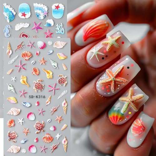 Summer Ocean Nail Decals 5D Embossed Nail Art Sticker 2PCS Beach Sea Shell Starfish Turtle Ocean Sliders Holiday Nail Stickers DIY Charms Decorations Self Adhesive Manicure Supplies - style: Style4-Summer Ocean